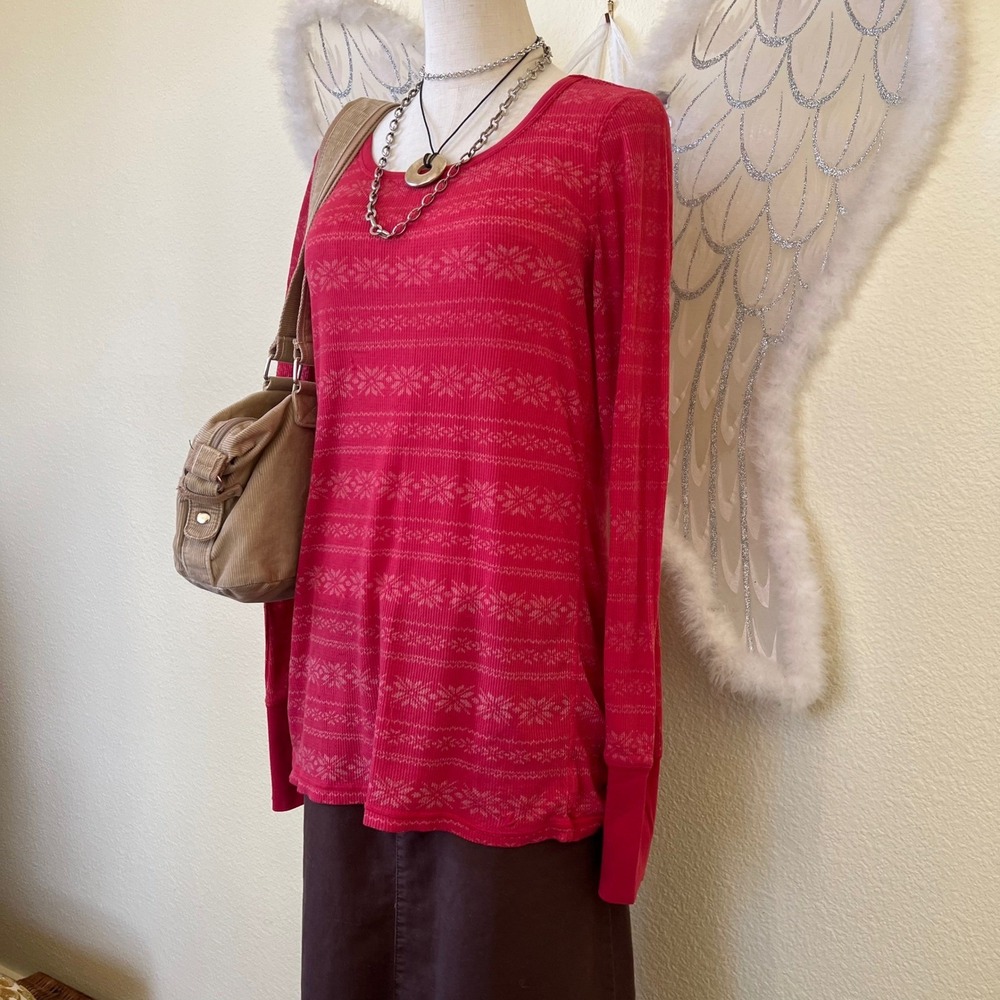 2000s Aerie Red‎ Pink Fair Isle Snowflake Thermal Long Sleeve Top Waffle Knit
